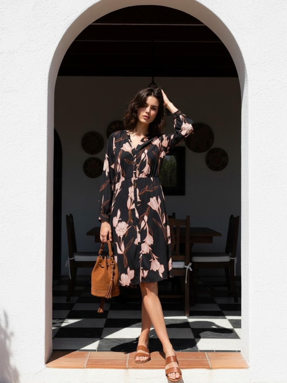 a new day Black Midi Dress with Pink Floral Print Sz. L